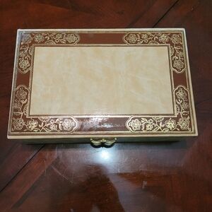 Vtg Mele 2 Tier Jewelry Box Ivory, Brown Gold, With Satin Design And Felt,...